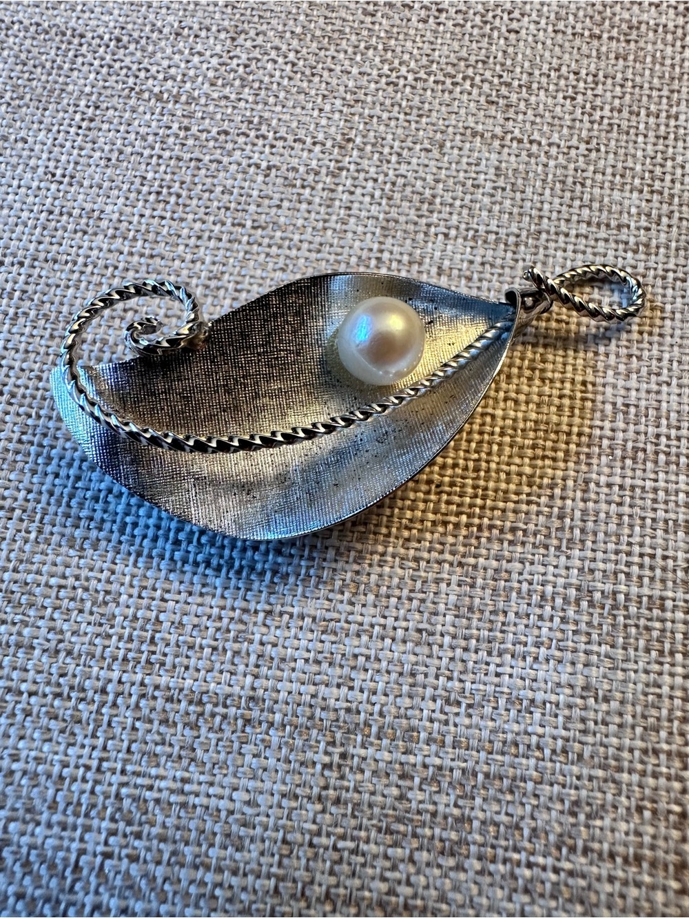 Vintage Mid Century Modernist Sterling Silver Pearl Leaf Brooch